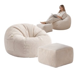 Fotel pufa sztruksowa z podnóżkiem Comfy 3.0 Beige