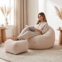 Corduroy pouffe armchair with footrest Comfy 3.0 Beige