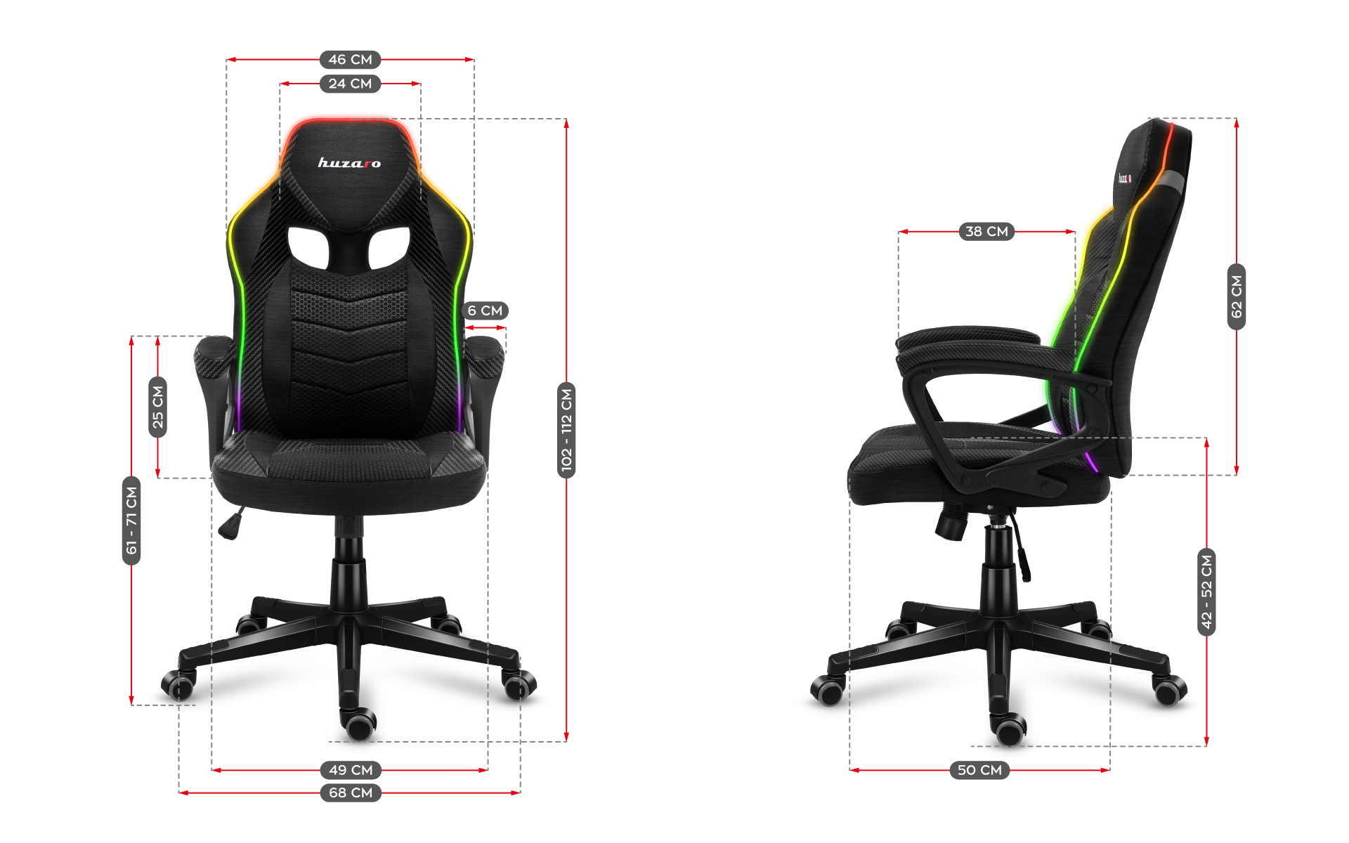 Wymiary fotela Huzaro Force 2.5 Carbon RGB