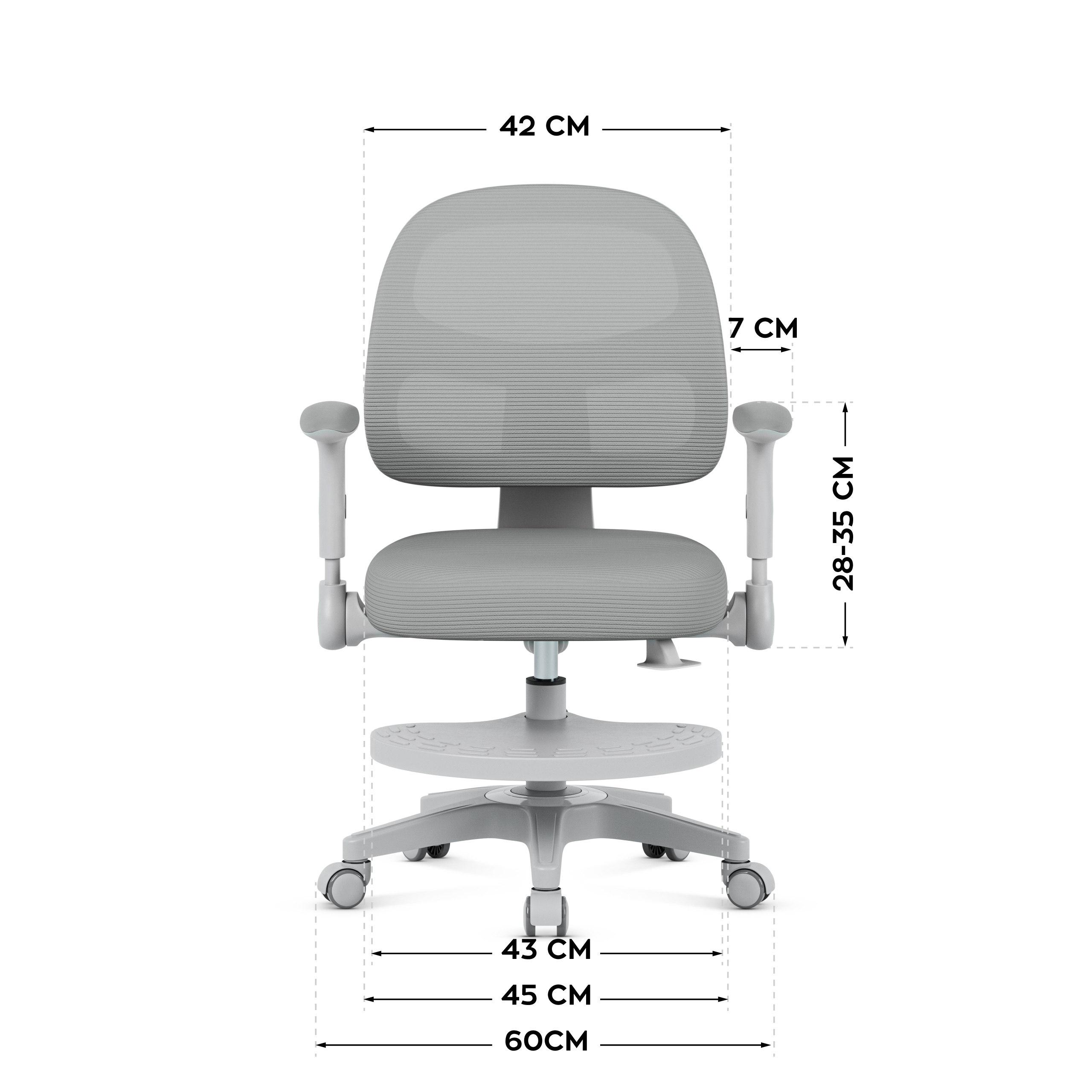 Wymiary fotela Junior 5.0 Grey - przód