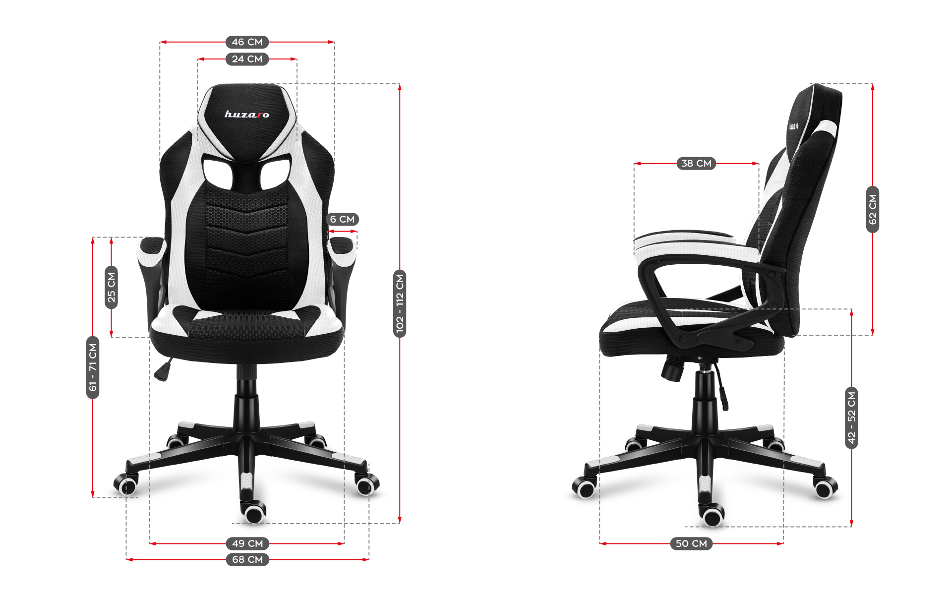 Wymiary fotela Huzaro Force 2.5 White Mesh